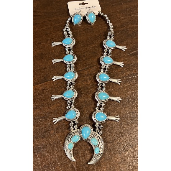 The Unbranded Brand Jewelry - Southwestern Faux Blue Turquoise Squash Blossom Necklace & Earrings Set